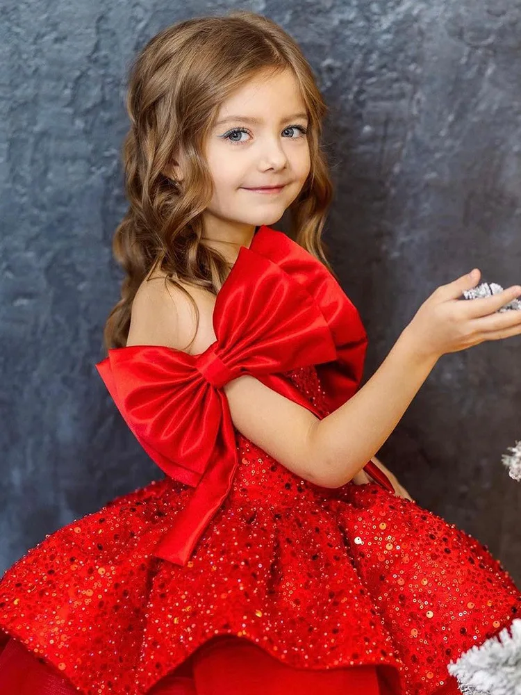 2026 New Christmas Children's Dress Flower Wedding Sequined Princess Skirt 2-10 Years Old Red Girl Dress Spot