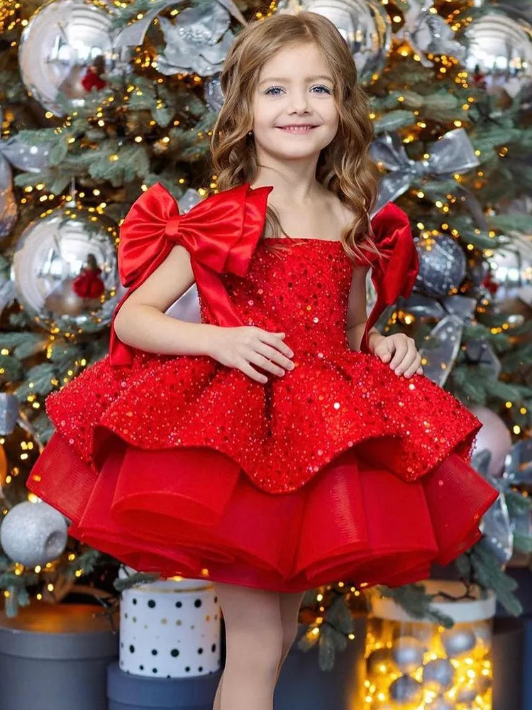 2026 New Christmas Children's Dress Flower Wedding Sequined Princess Skirt 2-10 Years Old Red Girl Dress Spot