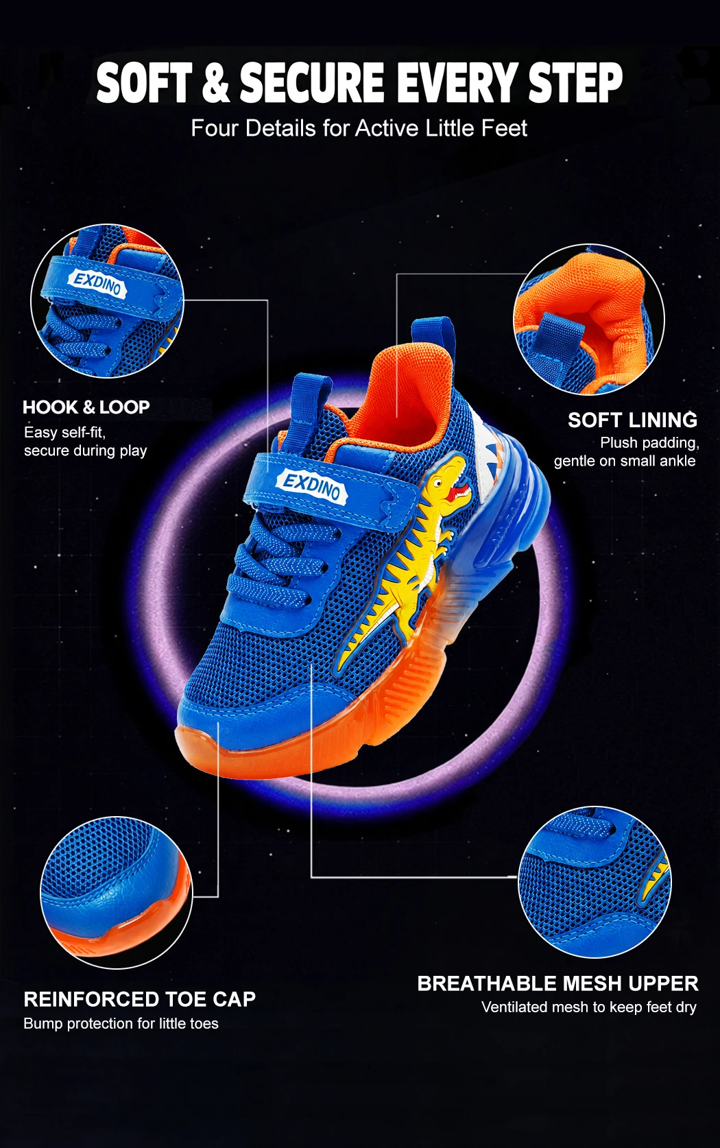 EXDINO Dinosaur Light Up Toddler Little Kids Shoes Mesh Breathable LED Flashing for Boys Non-slip Soft Lining Sports Sneakers
