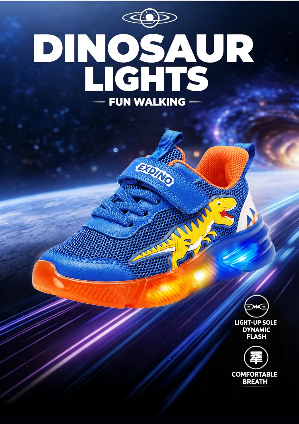 EXDINO Dinosaur Light Up Toddler Little Kids Shoes Mesh Breathable LED Flashing for Boys Non-slip Soft Lining Sports Sneakers