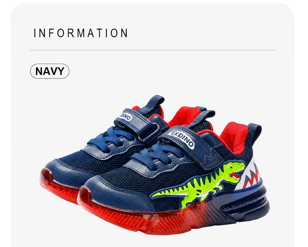 EXDINO Dinosaur Light Up Toddler Little Kids Shoes Mesh Breathable LED Flashing for Boys Non-slip Soft Lining Sports Sneakers
