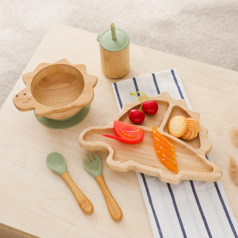 Baby Bamboo Wooden With Silicone Suction Tableware Children Cartoon Dinosaur Feeding Bowl Spoon Fork Set Kid Feeding Accessories
