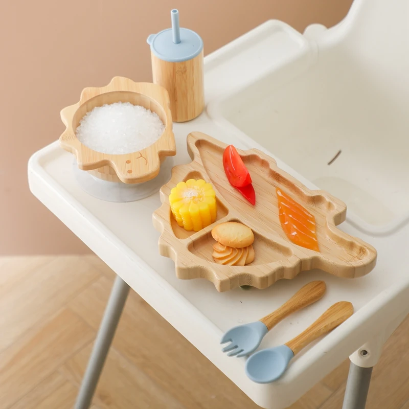 Baby Bamboo Wooden With Silicone Suction Tableware Children Cartoon Dinosaur Feeding Bowl Spoon Fork Set Kid Feeding Accessories