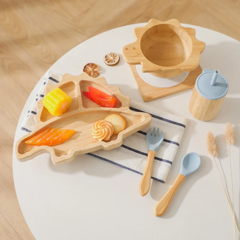 Baby Bamboo Wooden With Silicone Suction Tableware Children Cartoon Dinosaur Feeding Bowl Spoon Fork Set Kid Feeding Accessories