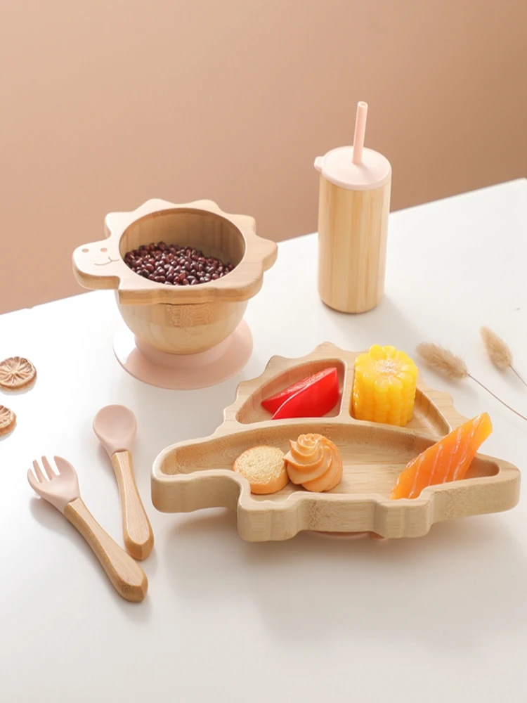 Baby Bamboo Wooden With Silicone Suction Tableware Children Cartoon Dinosaur Feeding Bowl Spoon Fork Set Kid Feeding Accessories