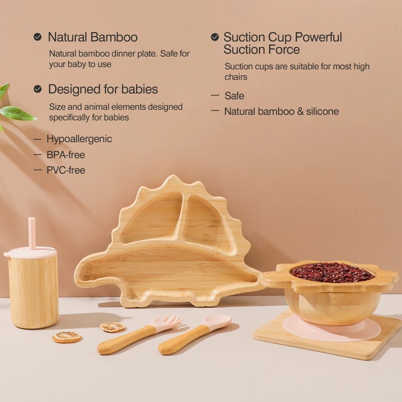 Baby Bamboo Wooden With Silicone Suction Tableware Children Cartoon Dinosaur Feeding Bowl Spoon Fork Set Kid Feeding Accessories