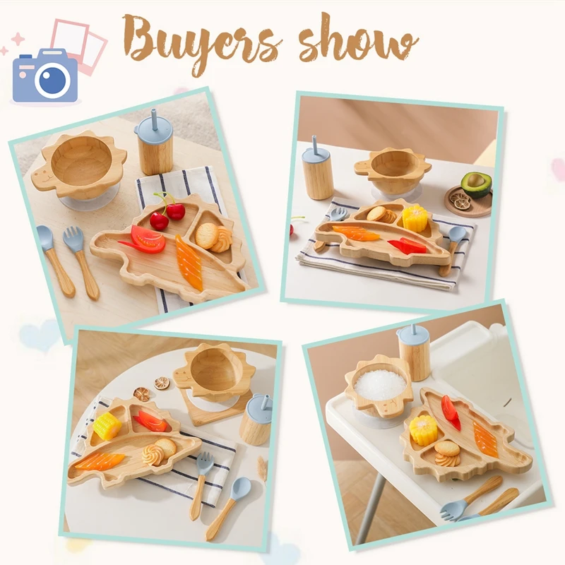 Baby Bamboo Wooden With Silicone Suction Tableware Children Cartoon Dinosaur Feeding Bowl Spoon Fork Set Kid Feeding Accessories
