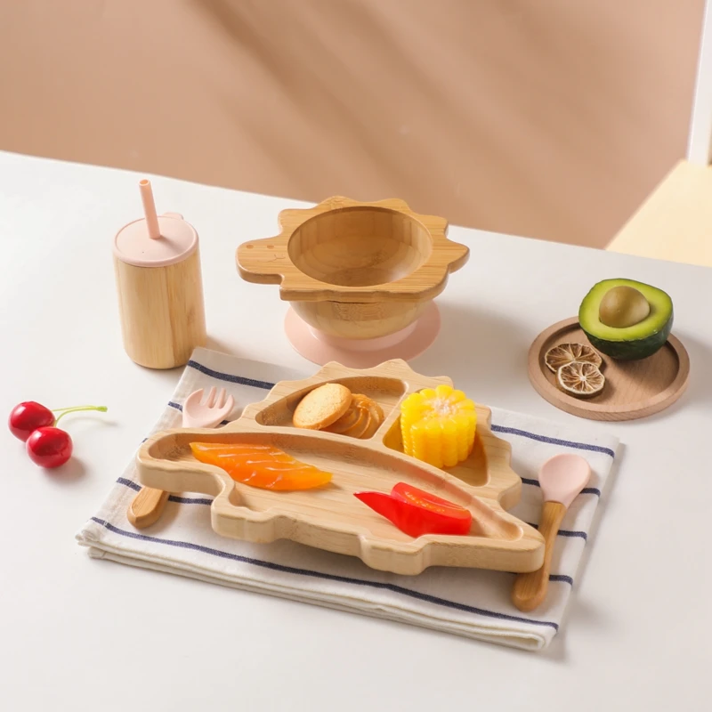 Baby Bamboo Wooden With Silicone Suction Tableware Children Cartoon Dinosaur Feeding Bowl Spoon Fork Set Kid Feeding Accessories