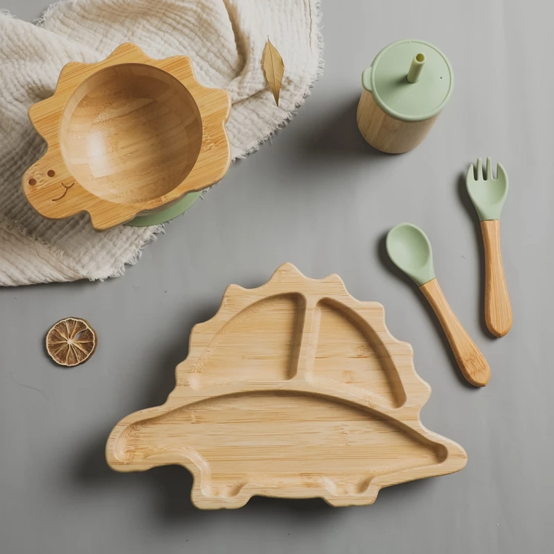 Baby Bamboo Wooden With Silicone Suction Tableware Children Cartoon Dinosaur Feeding Bowl Spoon Fork Set Kid Feeding Accessories