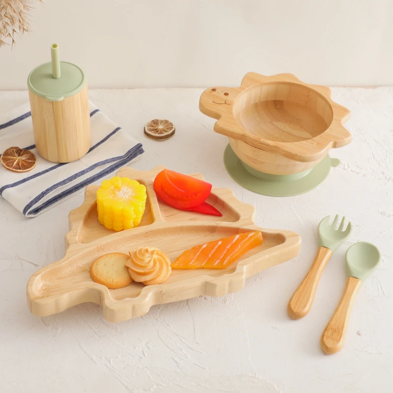 Baby Bamboo Wooden With Silicone Suction Tableware Children Cartoon Dinosaur Feeding Bowl Spoon Fork Set Kid Feeding Accessories
