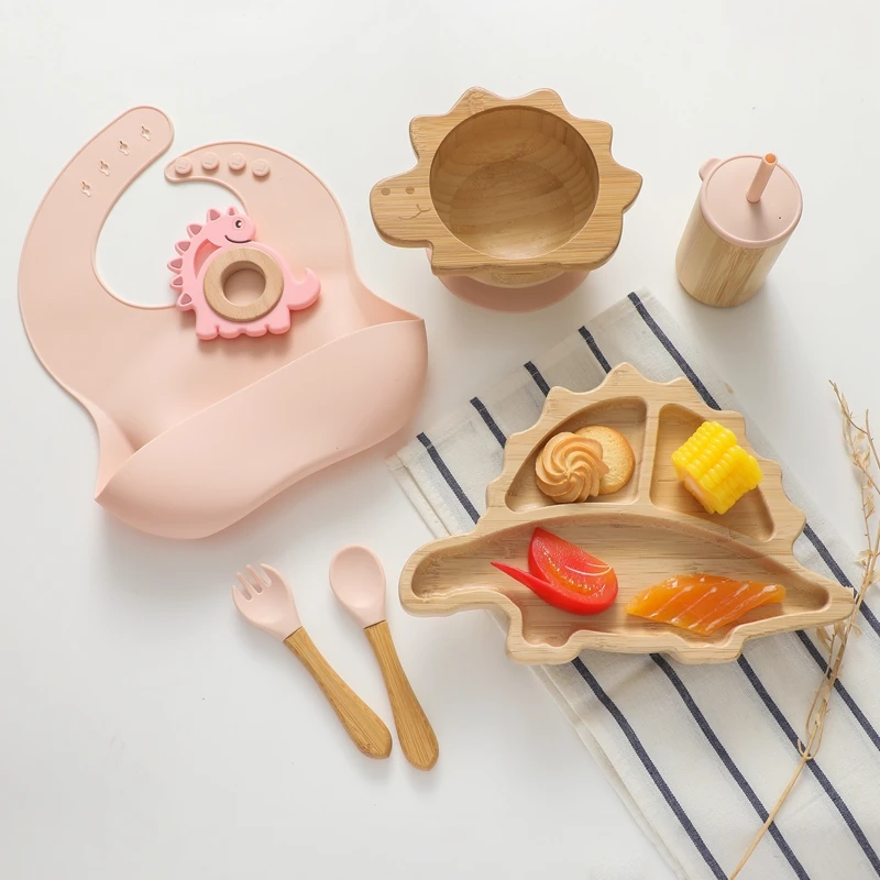 Baby Bamboo Wooden With Silicone Suction Tableware Children Cartoon Dinosaur Feeding Bowl Spoon Fork Set Kid Feeding Accessories