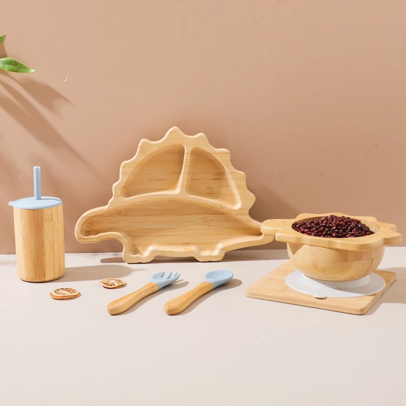 Baby Bamboo Wooden With Silicone Suction Tableware Children Cartoon Dinosaur Feeding Bowl Spoon Fork Set Kid Feeding Accessories
