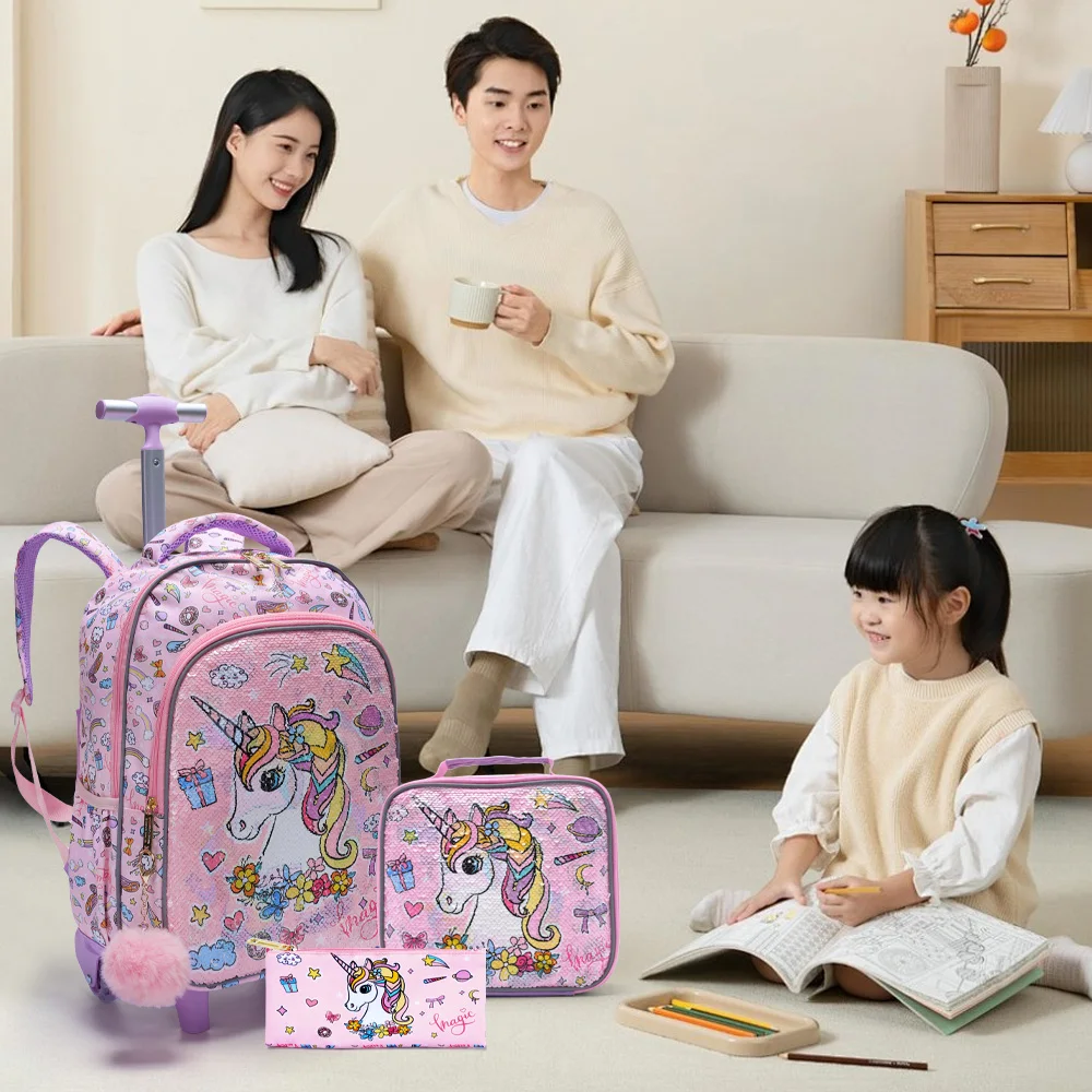 3PCS Set Rolling Backpack For Girls Kids Wheeled School BookBag With Lunch And Pen Bag Pink Unicorn Cute Sequin Glow-in-the-dark