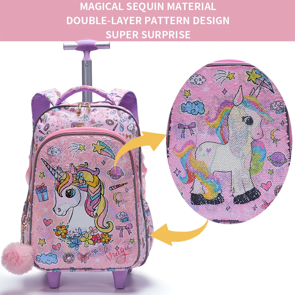 3PCS Set Rolling Backpack For Girls Kids Wheeled School BookBag With Lunch And Pen Bag Pink Unicorn Cute Sequin Glow-in-the-dark