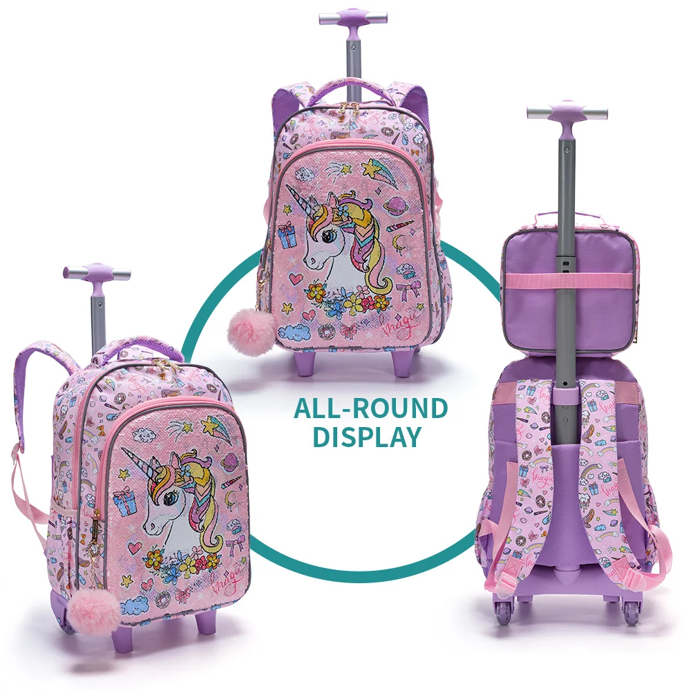 3PCS Set Rolling Backpack For Girls Kids Wheeled School BookBag With Lunch And Pen Bag Pink Unicorn Cute Sequin Glow-in-the-dark