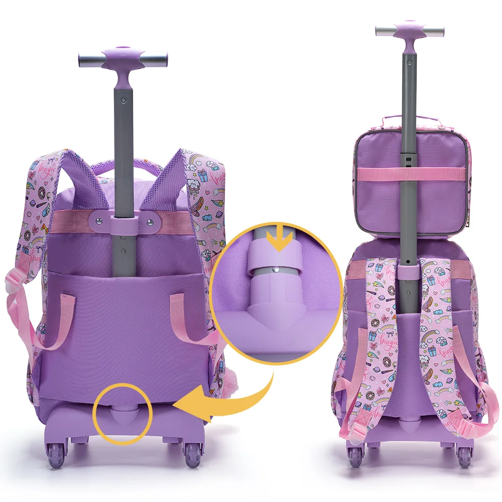 3PCS Set Rolling Backpack For Girls Kids Wheeled School BookBag With Lunch And Pen Bag Pink Unicorn Cute Sequin Glow-in-the-dark