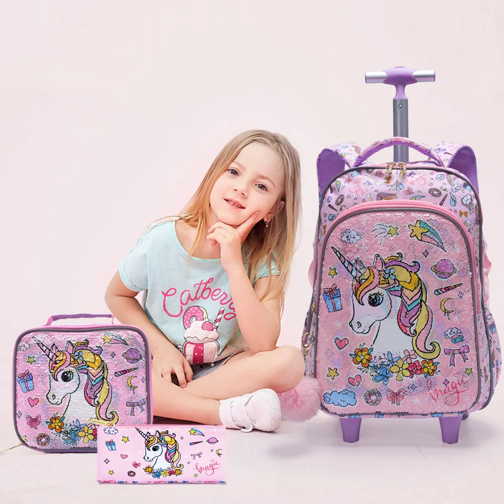 3PCS Set Rolling Backpack For Girls Kids Wheeled School BookBag With Lunch And Pen Bag Pink Unicorn Cute Sequin Glow-in-the-dark