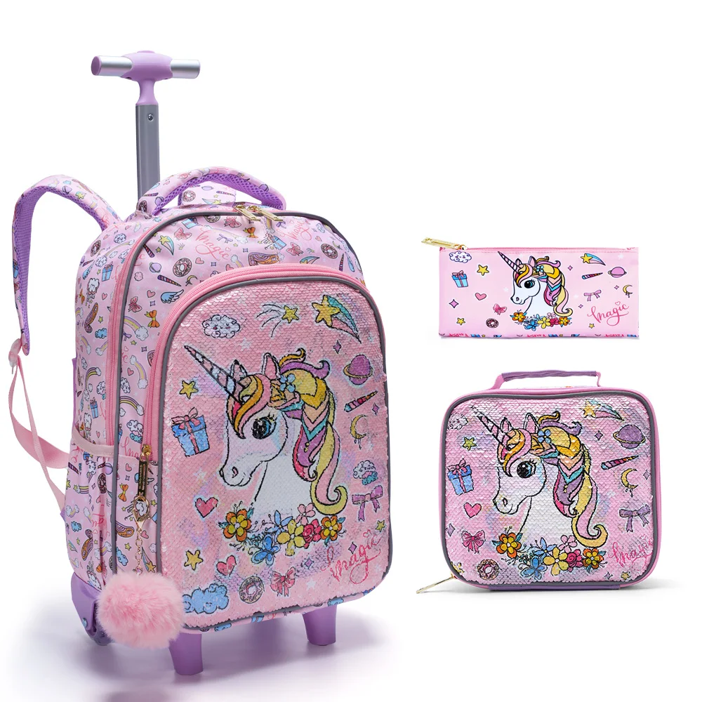 3PCS Set Rolling Backpack For Girls Kids Wheeled School BookBag With Lunch And Pen Bag Pink Unicorn Cute Sequin Glow-in-the-dark
