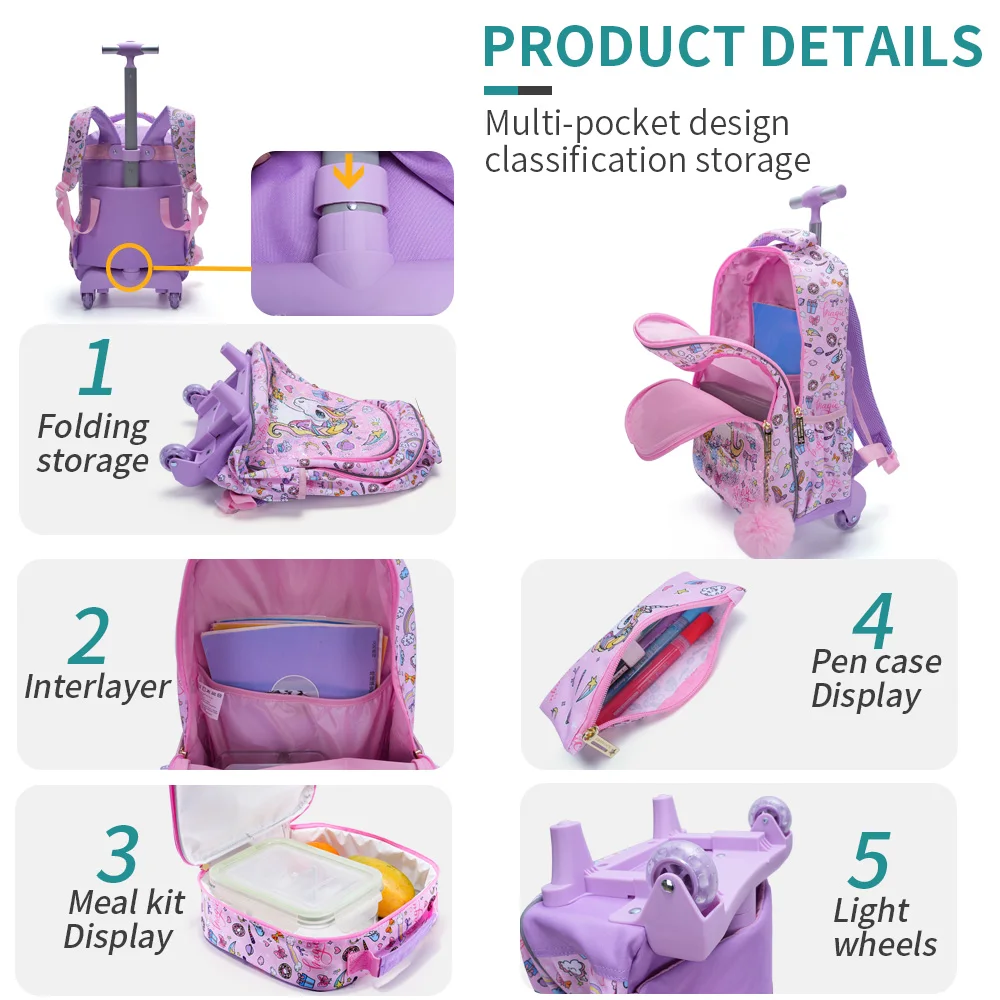 3PCS Set Rolling Backpack For Girls Kids Wheeled School BookBag With Lunch And Pen Bag Pink Unicorn Cute Sequin Glow-in-the-dark