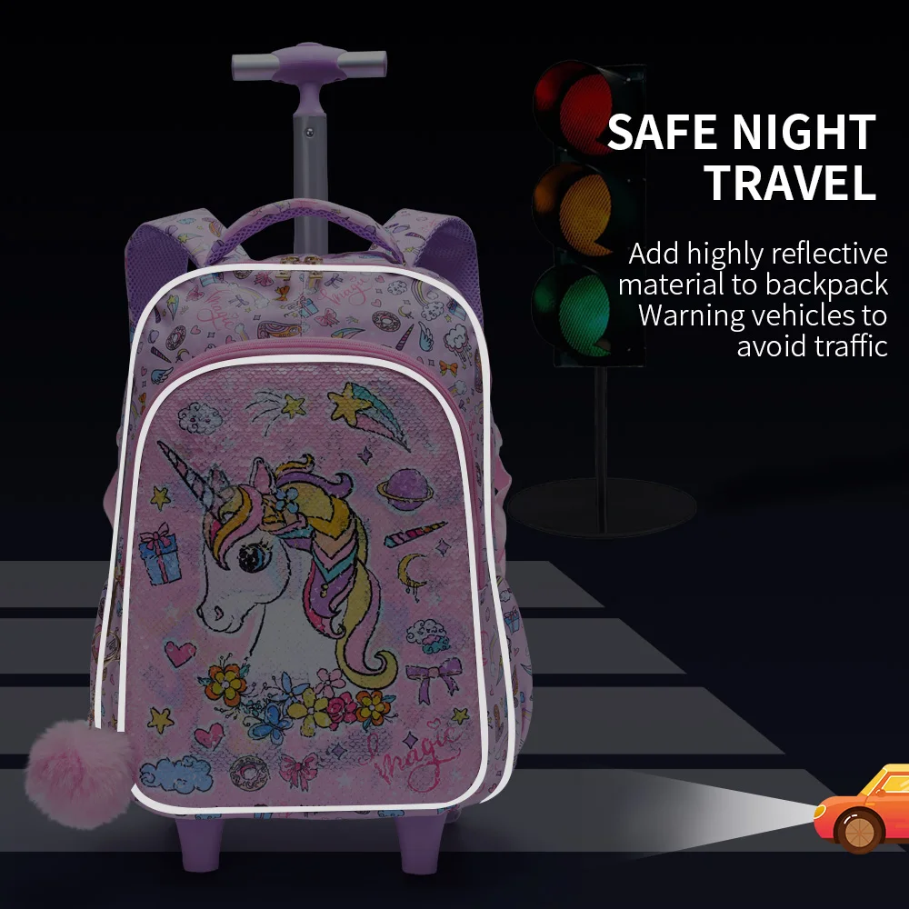 3PCS Set Rolling Backpack For Girls Kids Wheeled School BookBag With Lunch And Pen Bag Pink Unicorn Cute Sequin Glow-in-the-dark
