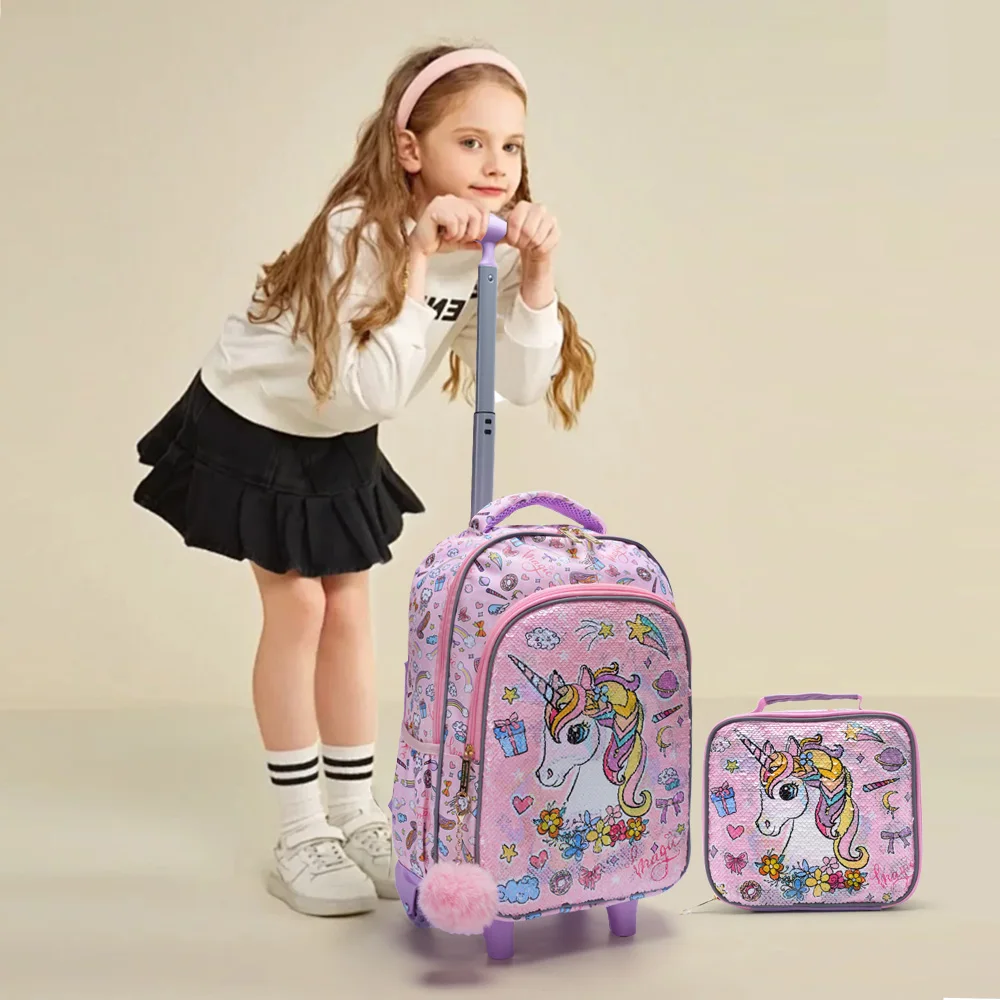 3PCS Set Rolling Backpack For Girls Kids Wheeled School BookBag With Lunch And Pen Bag Pink Unicorn Cute Sequin Glow-in-the-dark