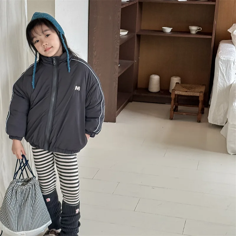 2025 Winter New Children Long Sleeve Warm Letter Coat Plus Velvet Thick Boys Down Jackets Baby Girls Padded Jacket Kids Clothes