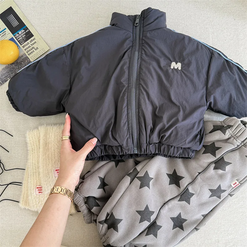 2025 Winter New Children Long Sleeve Warm Letter Coat Plus Velvet Thick Boys Down Jackets Baby Girls Padded Jacket Kids Clothes