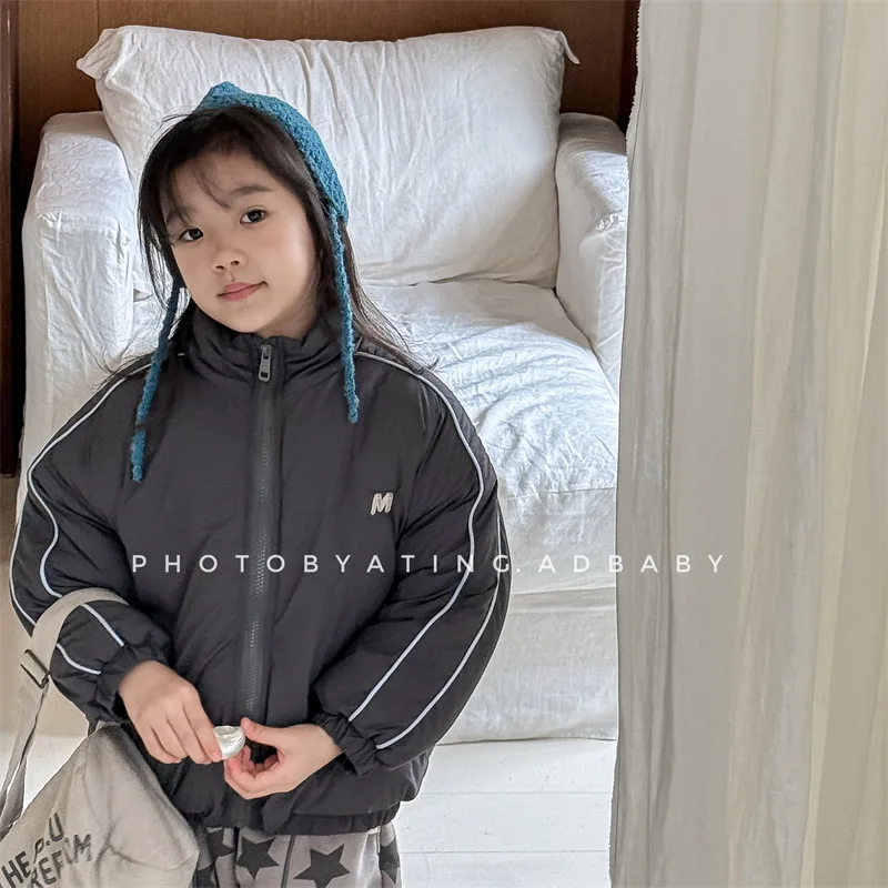 2025 Winter New Children Long Sleeve Warm Letter Coat Plus Velvet Thick Boys Down Jackets Baby Girls Padded Jacket Kids Clothes