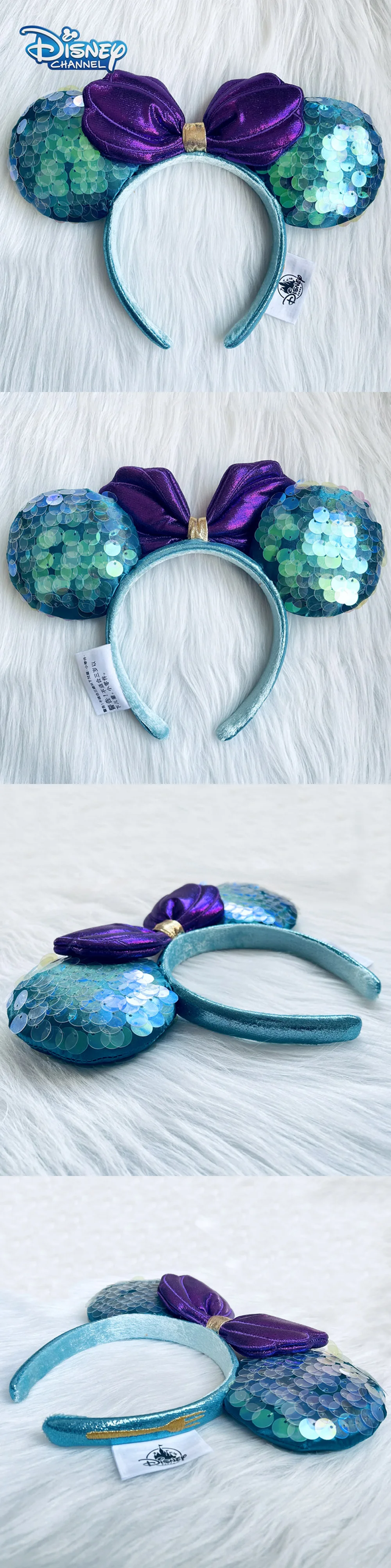 Disney Mickey Ears Headbands Mermaid Ariel Princess Sequin Bows Headwear Fashion Headdress Cosplay Plush Kids Headband Gift