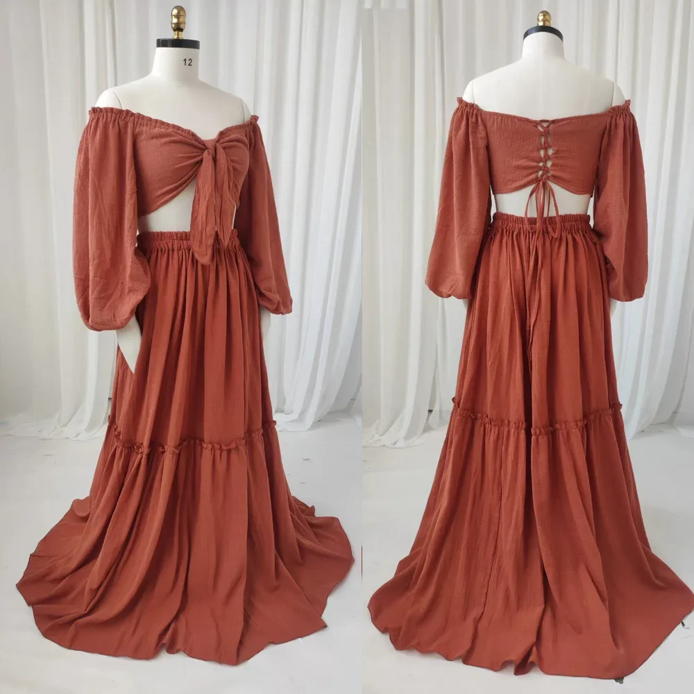 Boho Maternity Photoshoot Dress 2 Piece Set Floor-Length Maxi Dress With High Slit, Outdoor Comfort-Fit Pregnancy Friendly Dress