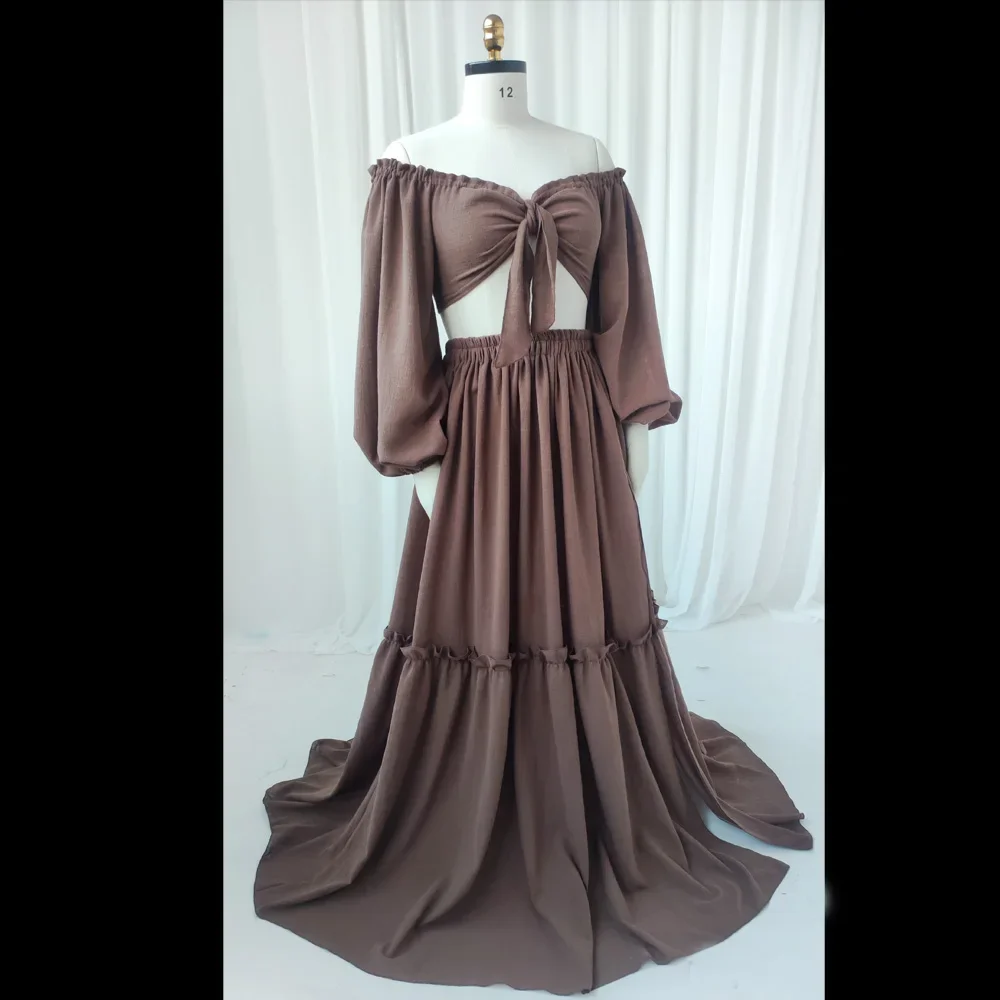 Boho Maternity Photoshoot Dress 2 Piece Set Floor-Length Maxi Dress With High Slit, Outdoor Comfort-Fit Pregnancy Friendly Dress