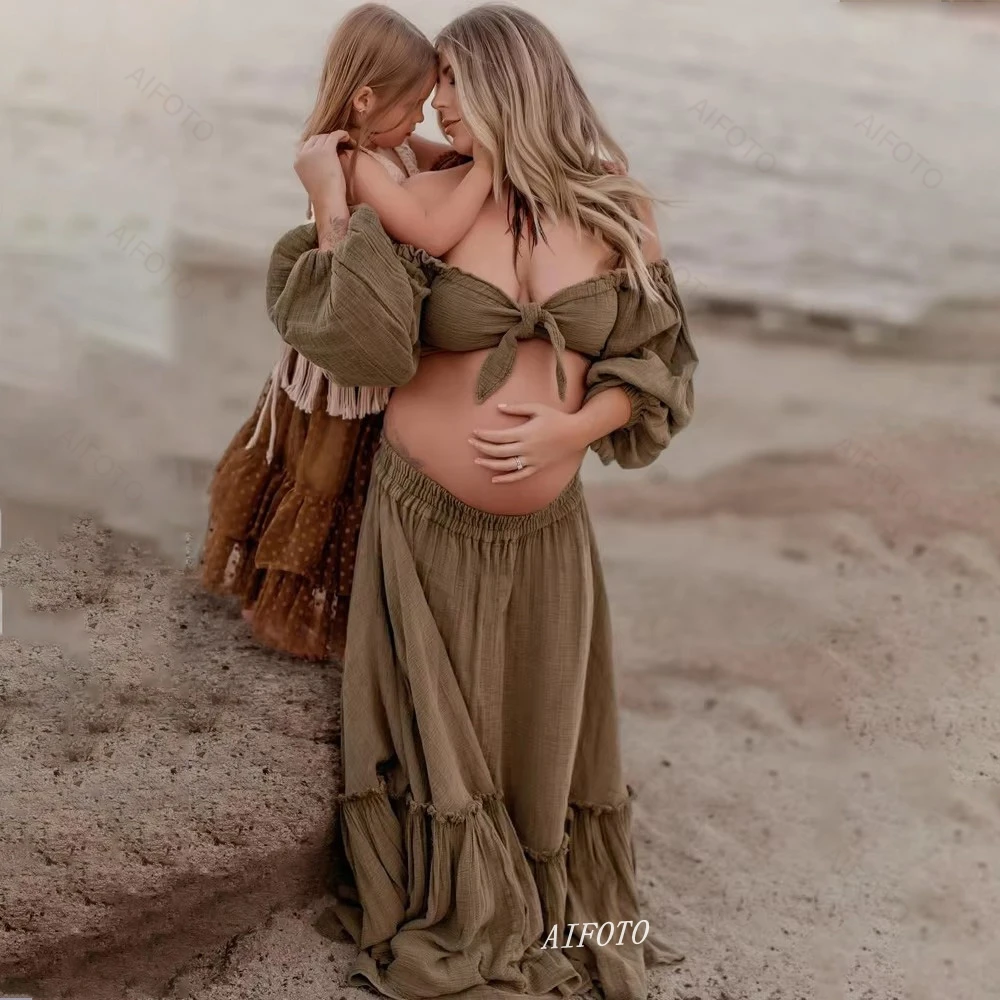 Boho Maternity Photoshoot Dress 2 Piece Set Floor-Length Maxi Dress With High Slit, Outdoor Comfort-Fit Pregnancy Friendly Dress