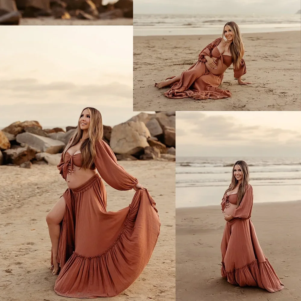 Boho Maternity Photoshoot Dress 2 Piece Set Floor-Length Maxi Dress With High Slit, Outdoor Comfort-Fit Pregnancy Friendly Dress