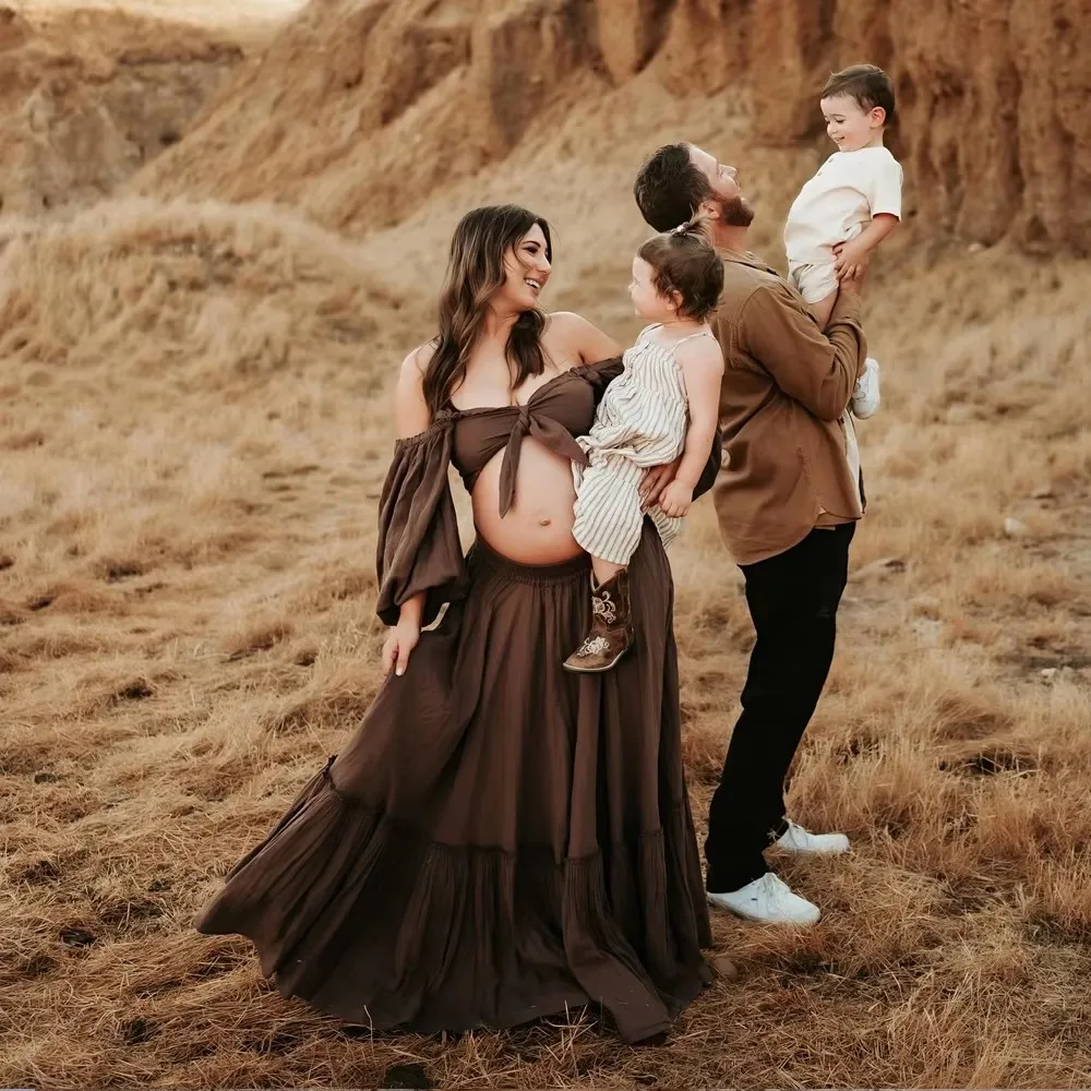 Boho Maternity Photoshoot Dress 2 Piece Set Floor-Length Maxi Dress With High Slit, Outdoor Comfort-Fit Pregnancy Friendly Dress