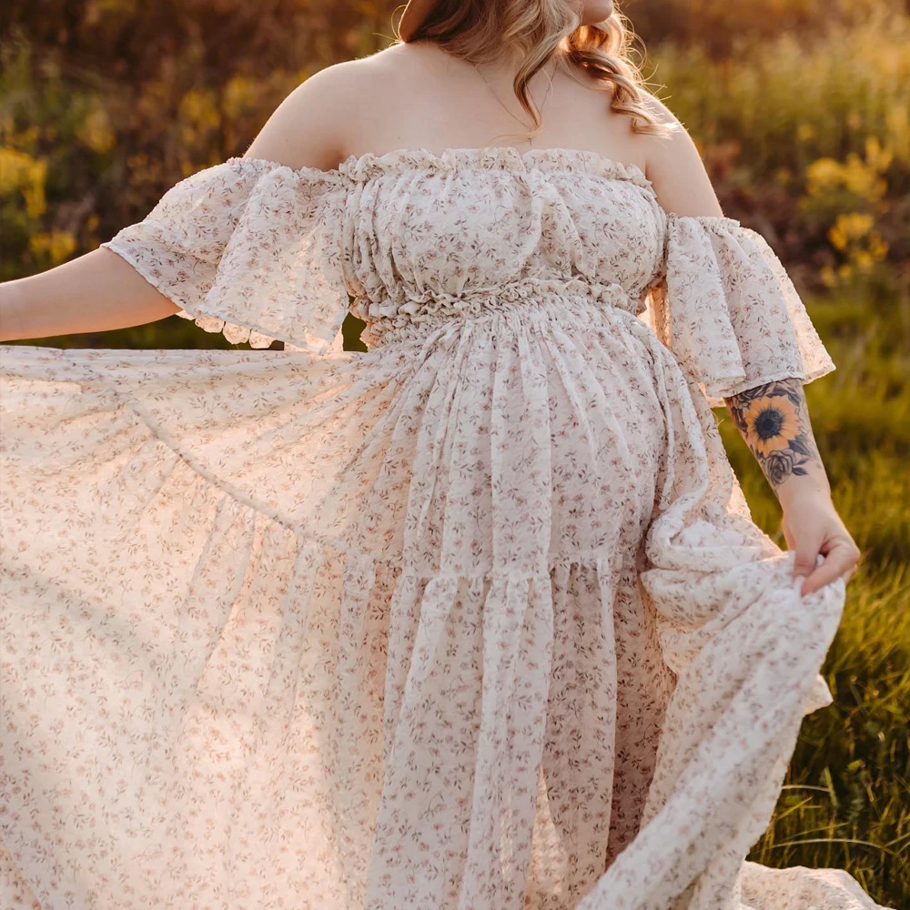 Two-Piece pregnant Photoshoot Dress For Women Floral chiffon Long Sleeved&Short Short Top Maternity Dresses For Baby Showers