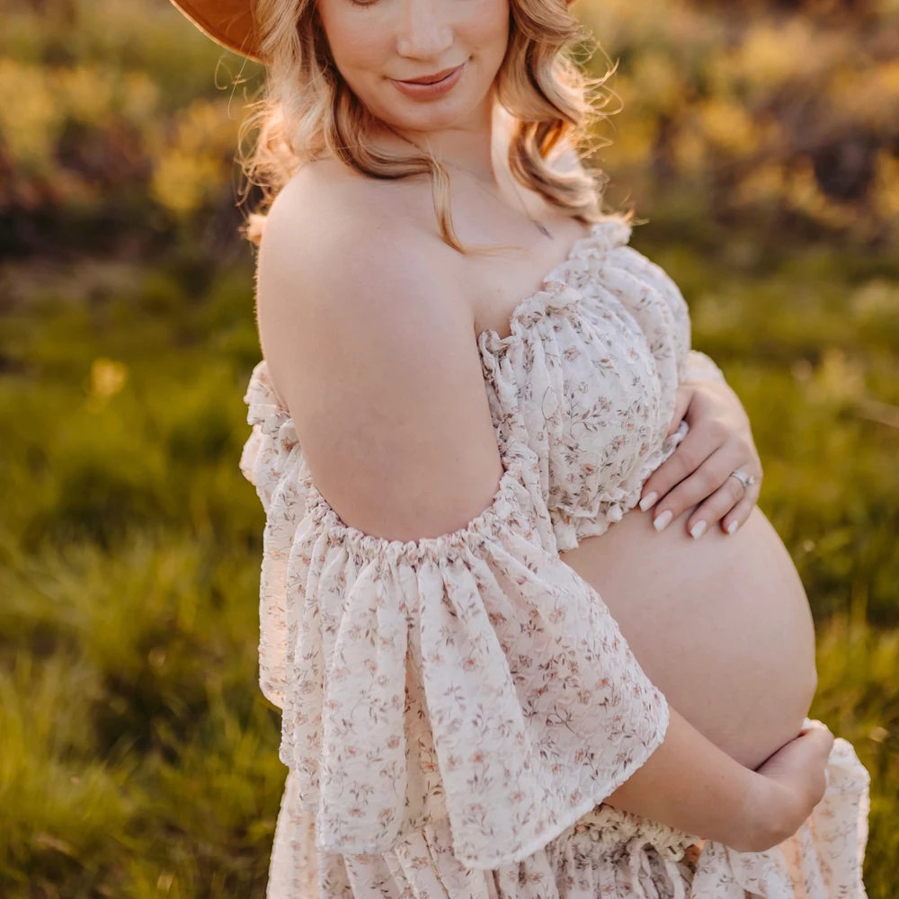 Two-Piece pregnant Photoshoot Dress For Women Floral chiffon Long Sleeved&Short Short Top Maternity Dresses For Baby Showers