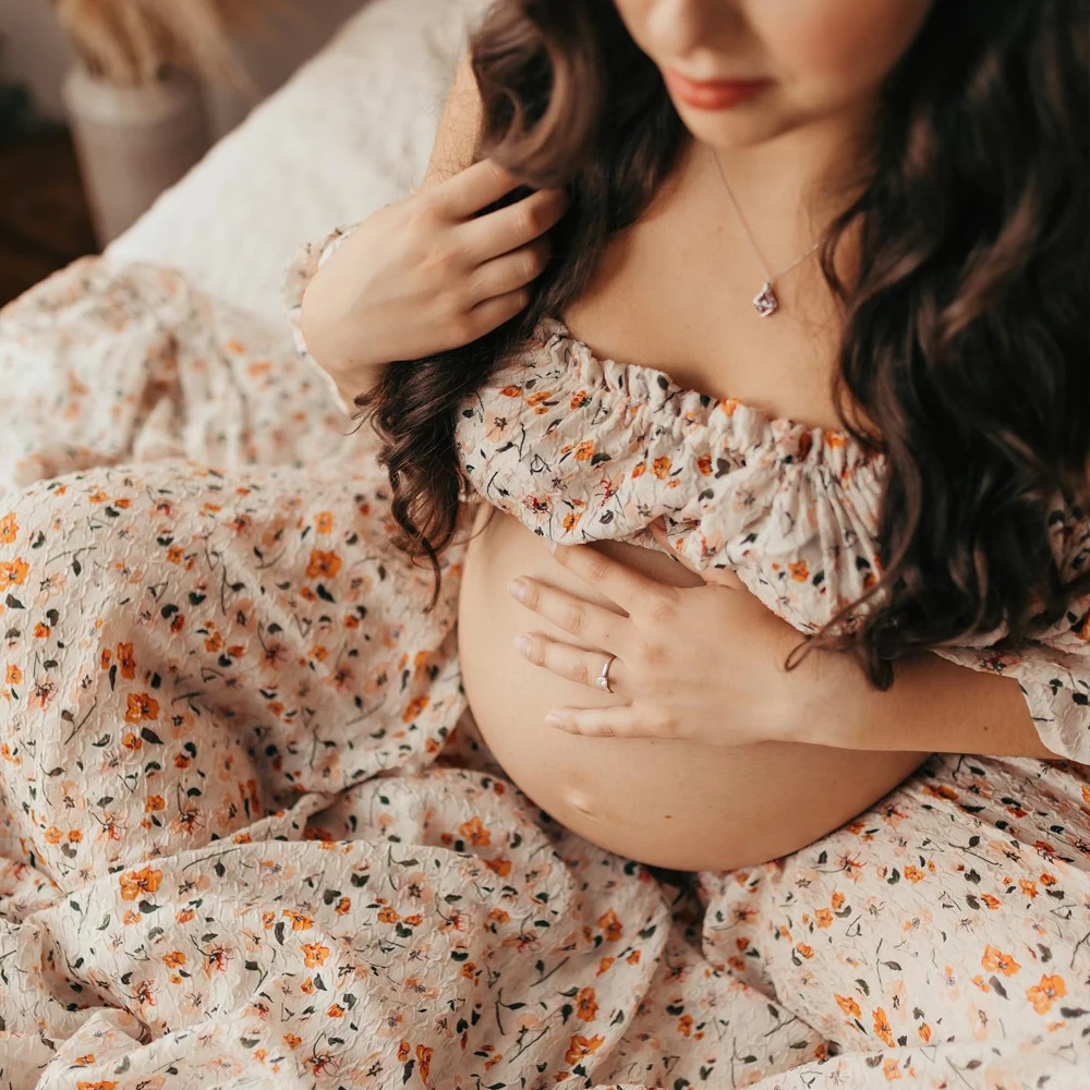 Two-Piece pregnant Photoshoot Dress For Women Floral chiffon Long Sleeved&Short Short Top Maternity Dresses For Baby Showers