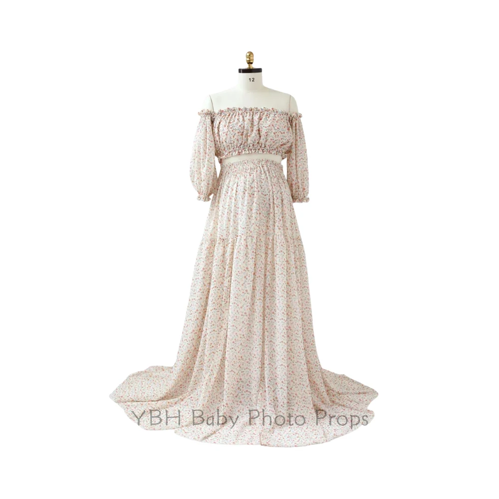 Two-Piece pregnant Photoshoot Dress For Women Floral chiffon Long Sleeved&Short Short Top Maternity Dresses For Baby Showers