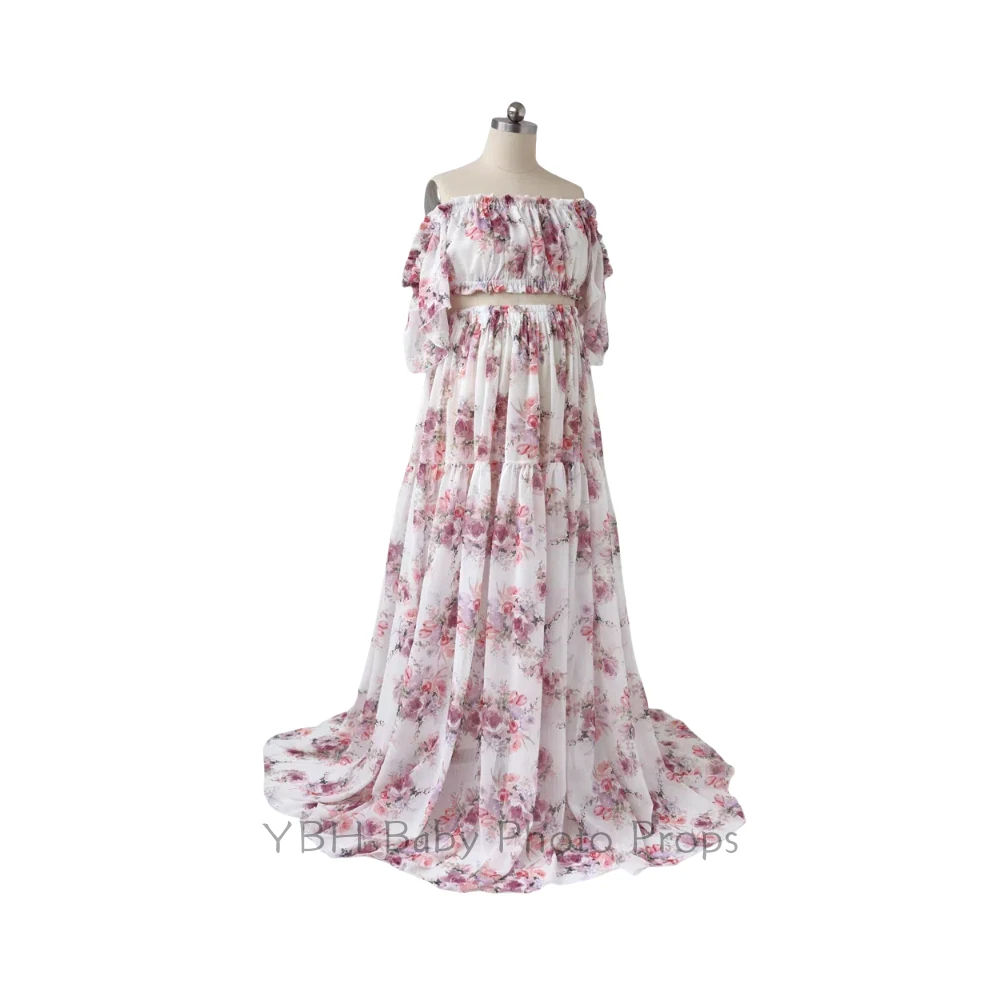 Two-Piece pregnant Photoshoot Dress For Women Floral chiffon Long Sleeved&Short Short Top Maternity Dresses For Baby Showers