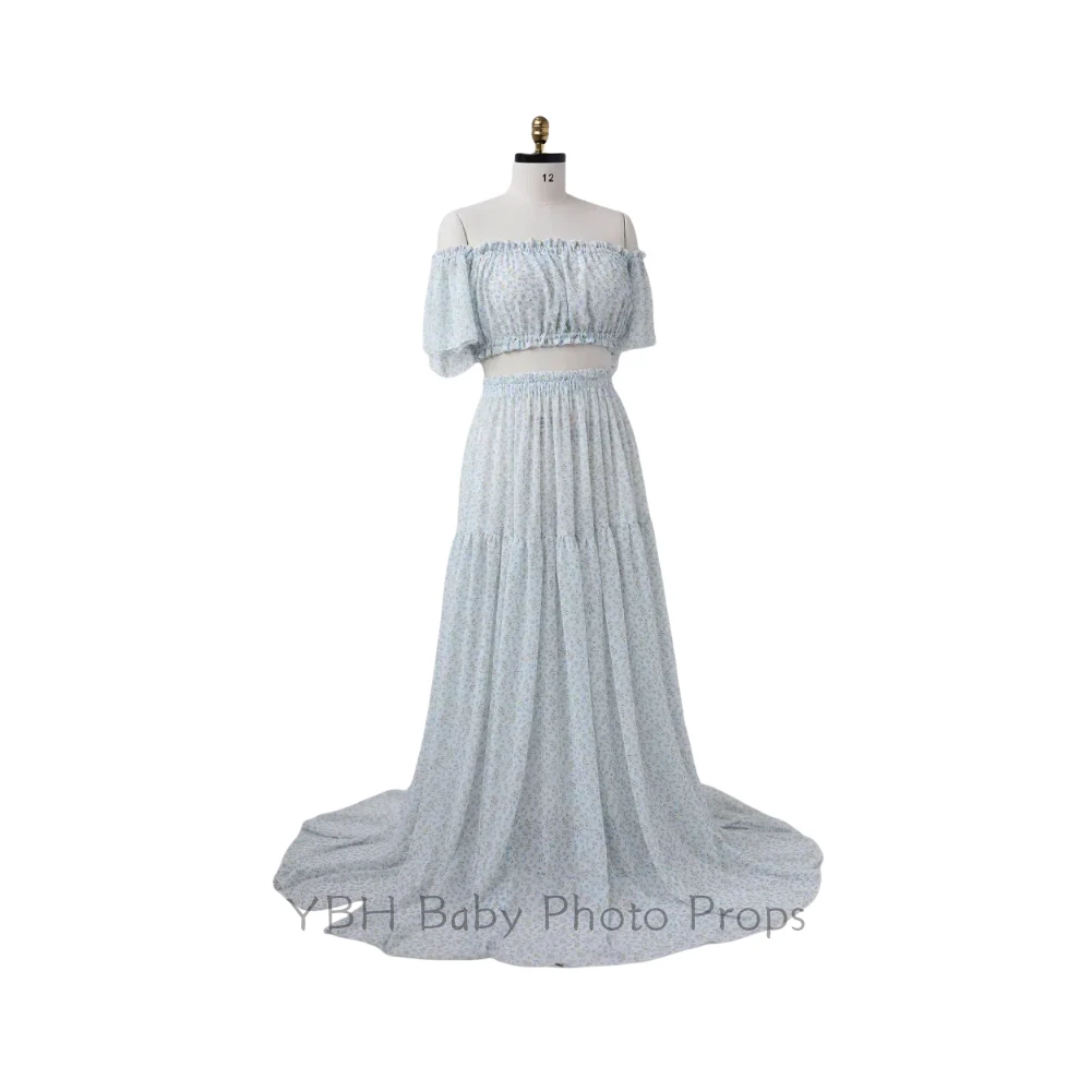 Two-Piece pregnant Photoshoot Dress For Women Floral chiffon Long Sleeved&Short Short Top Maternity Dresses For Baby Showers