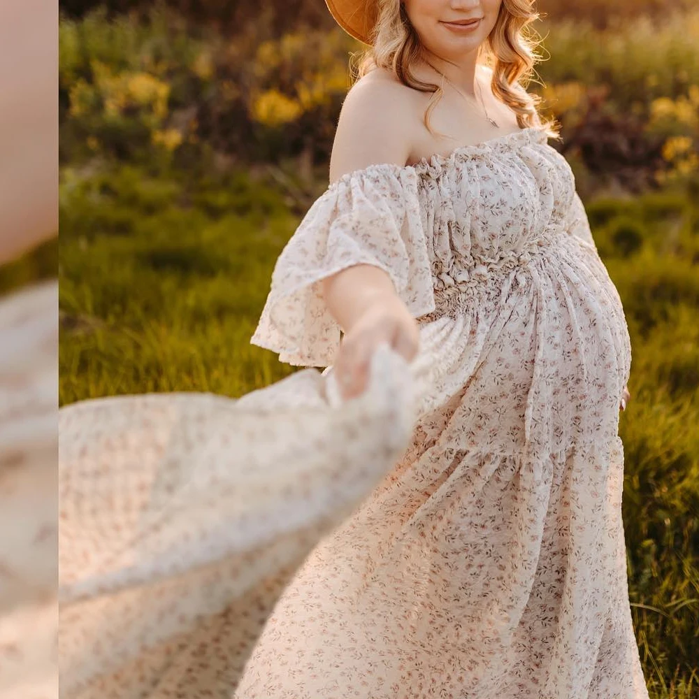 Two-Piece pregnant Photoshoot Dress For Women Floral chiffon Long Sleeved&Short Short Top Maternity Dresses For Baby Showers