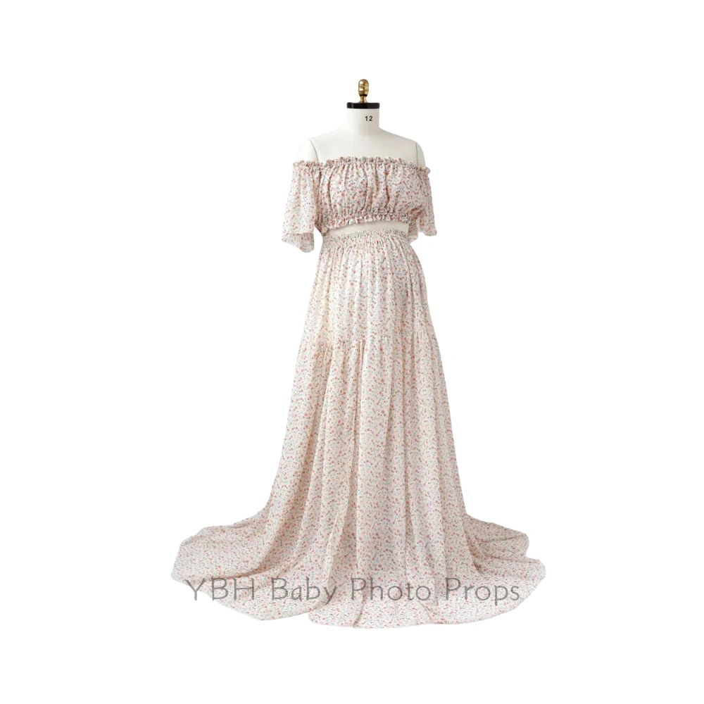 Two-Piece pregnant Photoshoot Dress For Women Floral chiffon Long Sleeved&Short Short Top Maternity Dresses For Baby Showers