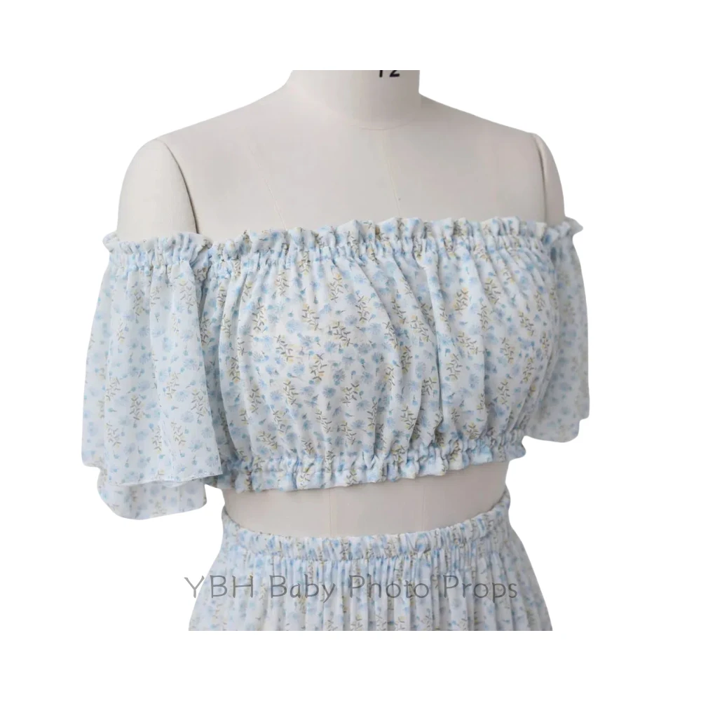 Two-Piece pregnant Photoshoot Dress For Women Floral chiffon Long Sleeved&Short Short Top Maternity Dresses For Baby Showers