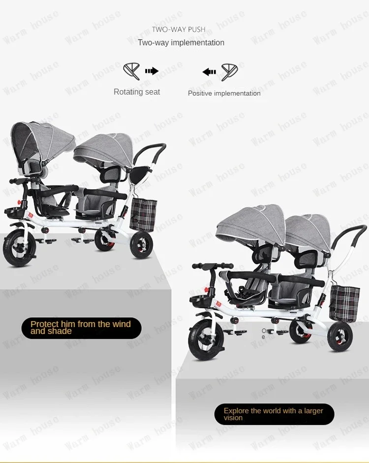 Children's Double Stroller Multifunctional Two-way Baby Stroller Twins Stroller Double Folding Three-wheel Car