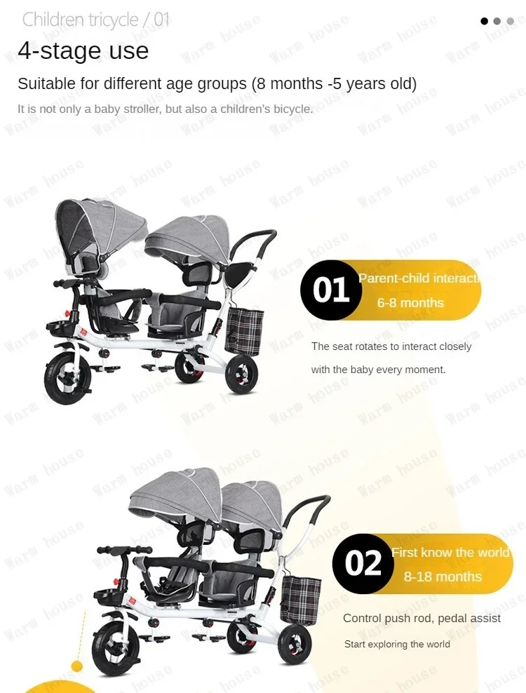 Children's Double Stroller Multifunctional Two-way Baby Stroller Twins Stroller Double Folding Three-wheel Car