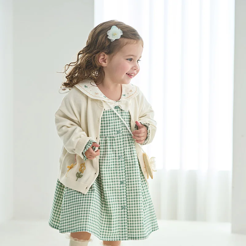 Dave Bella Children Long Sleeve Plaid Dress Spring Cute Girls Cotton Party Princess Dress Autumn Winter Bottom Clothes DB1250940
