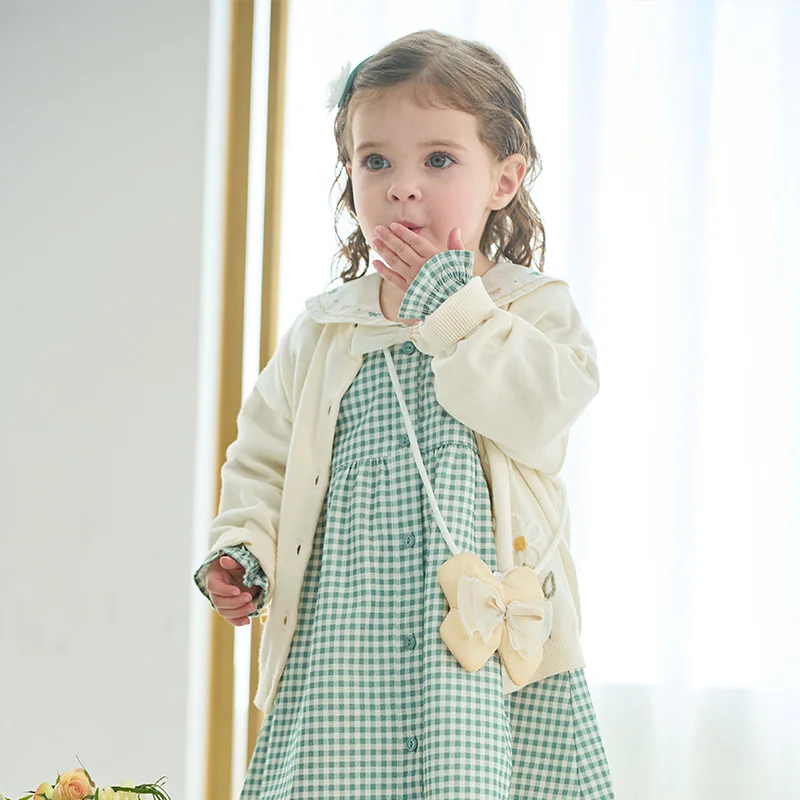 Dave Bella Children Long Sleeve Plaid Dress Spring Cute Girls Cotton Party Princess Dress Autumn Winter Bottom Clothes DB1250940