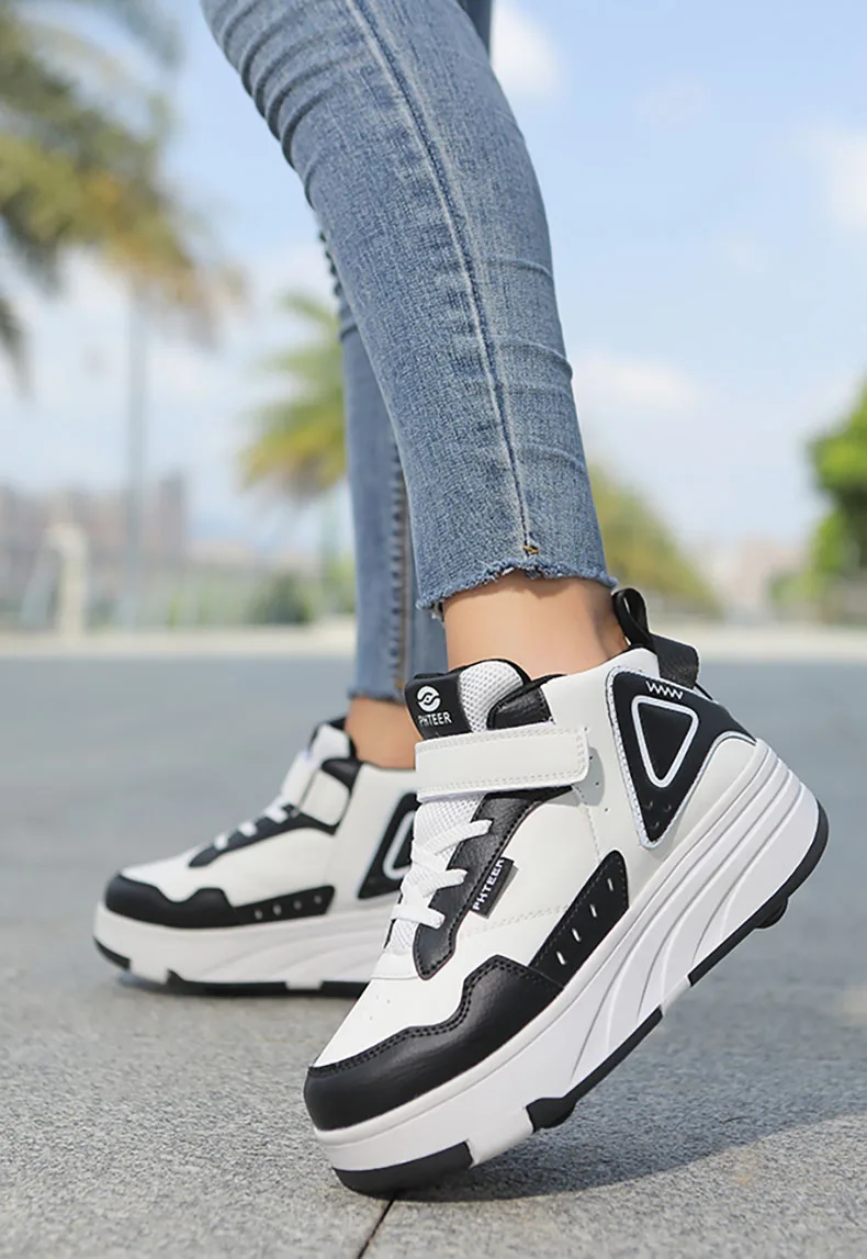 Trendy Cool Middle Top Roller Skateboard Shoes For Boys Girls, Breathable Retractable Roller Skates For Indoor Outdoor Party