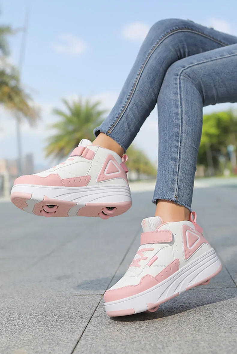 Trendy Cool Middle Top Roller Skateboard Shoes For Boys Girls, Breathable Retractable Roller Skates For Indoor Outdoor Party