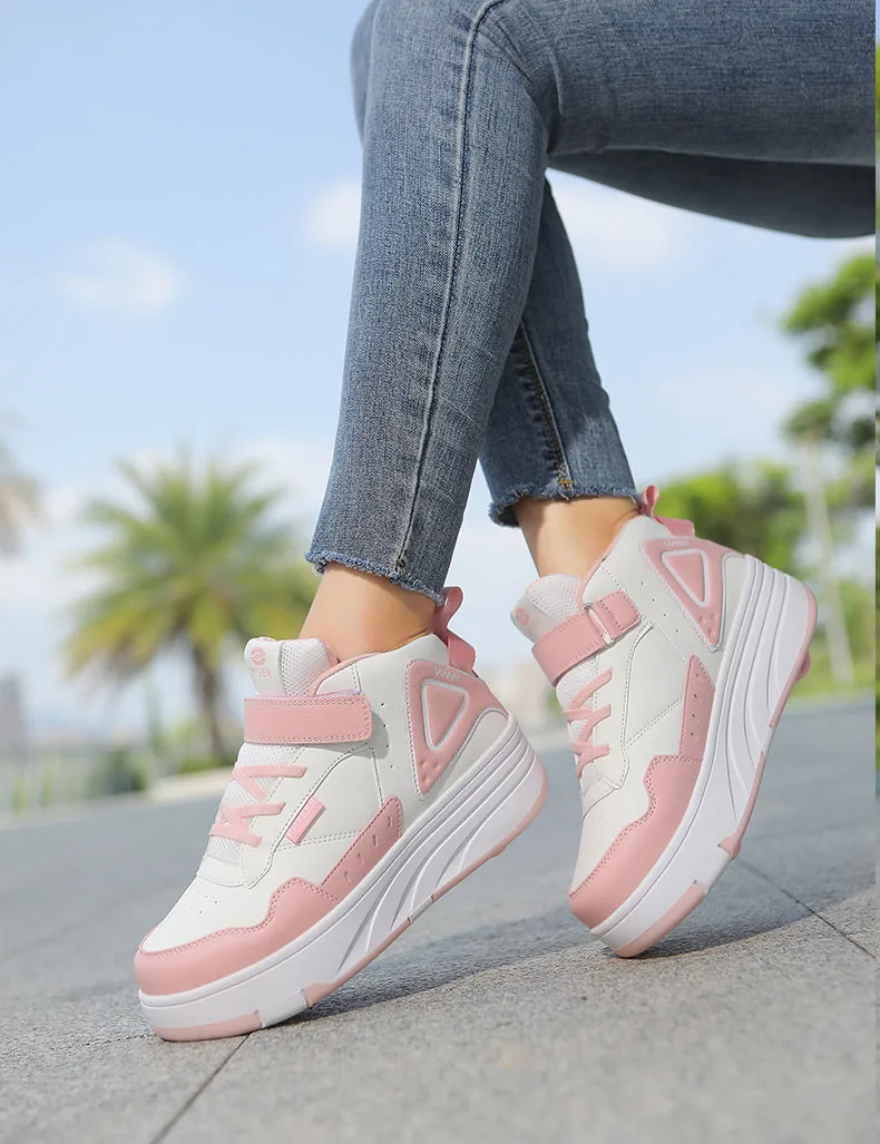 Trendy Cool Middle Top Roller Skateboard Shoes For Boys Girls, Breathable Retractable Roller Skates For Indoor Outdoor Party